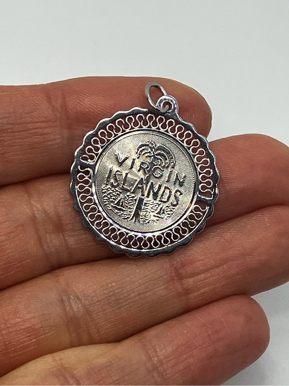 Vtg 925 Sterling Silver Virgin Islands Palm Tree Coin Medallion Filigree Charm
